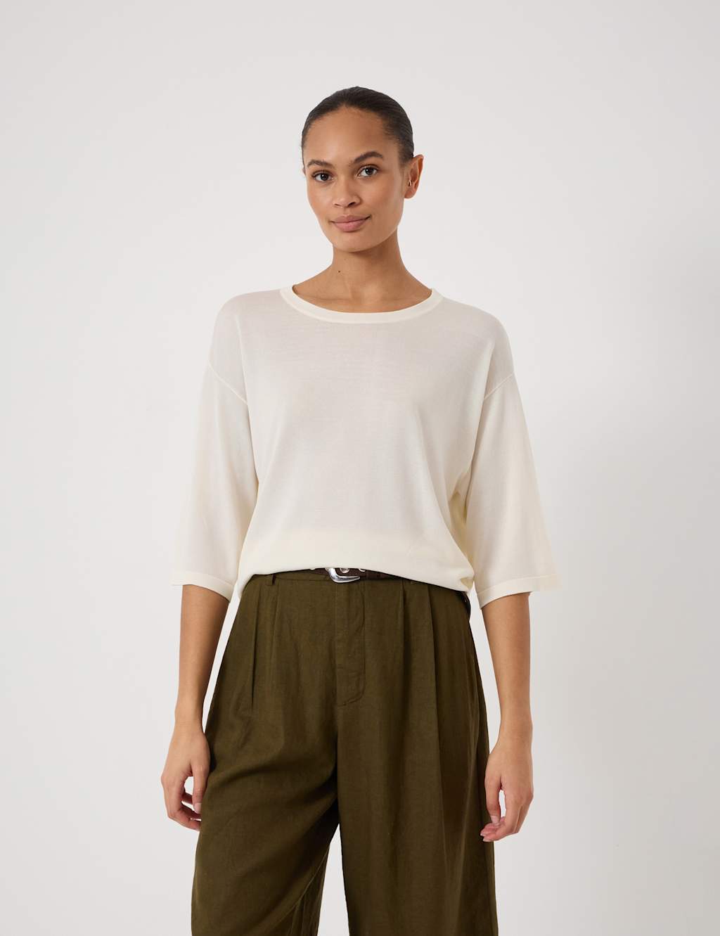 Hush Women's Crew Neck Relaxed Knitted T-Shirt - Medium-Large - Ecru - Available at M&S
