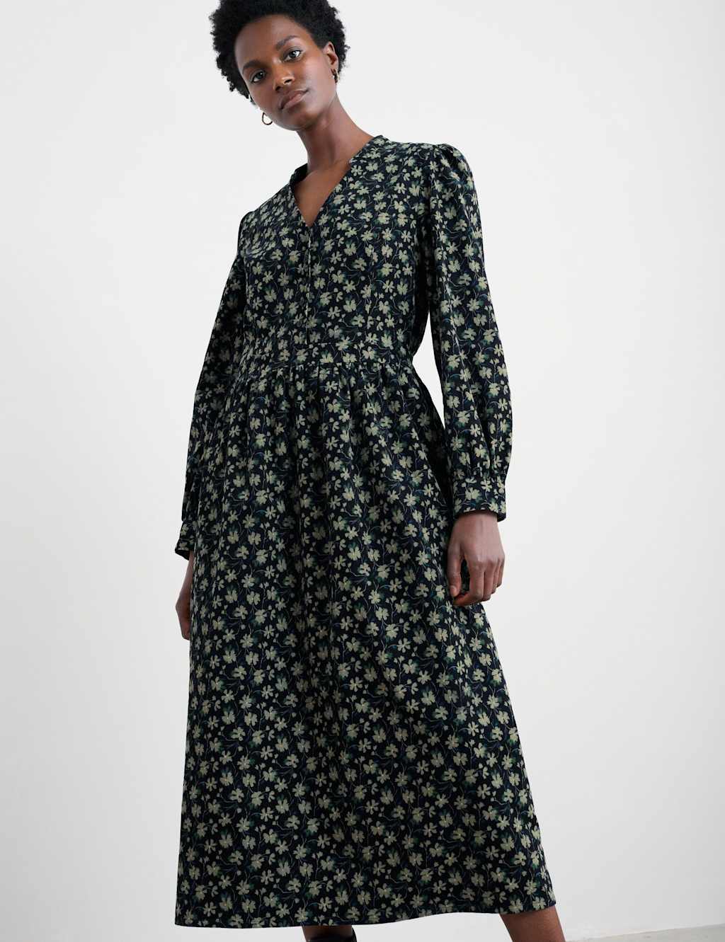 Seasalt Cornwall Pure Cotton Floral Midi Waisted Dress Black Mix