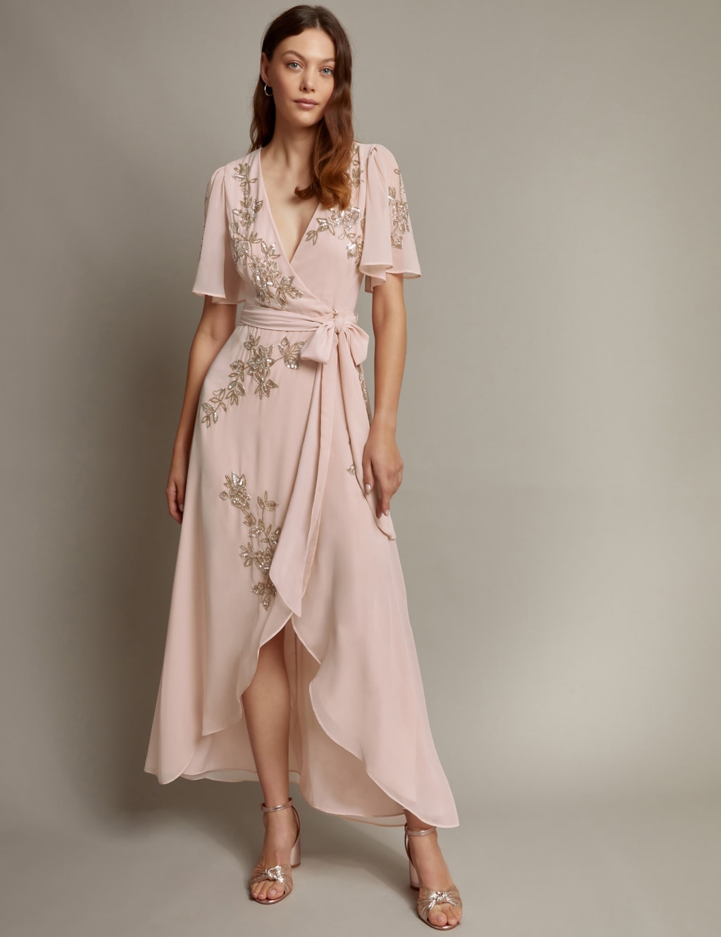 Embellished V-Neck Midi Wrap Dress