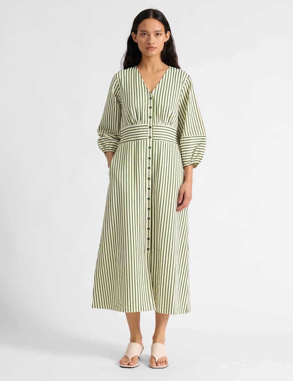 Albaray Women's Cotton Blend Striped V-Neck Midi Shirt Dress - 10 - Green Mix - Available at M&S