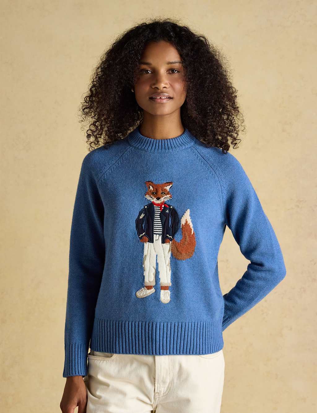 Joules Women's Cotton Rich Intarsia Fox Jumper with Wool - Large - Blue Mix - Available at M&S