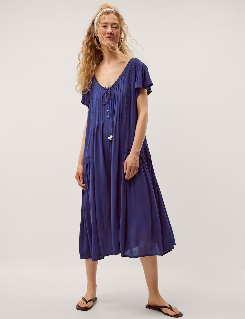 Monsoon Women's Tie Neck Cropped Wide Leg Jumpsuit - Medium - Blue - Available at M&S