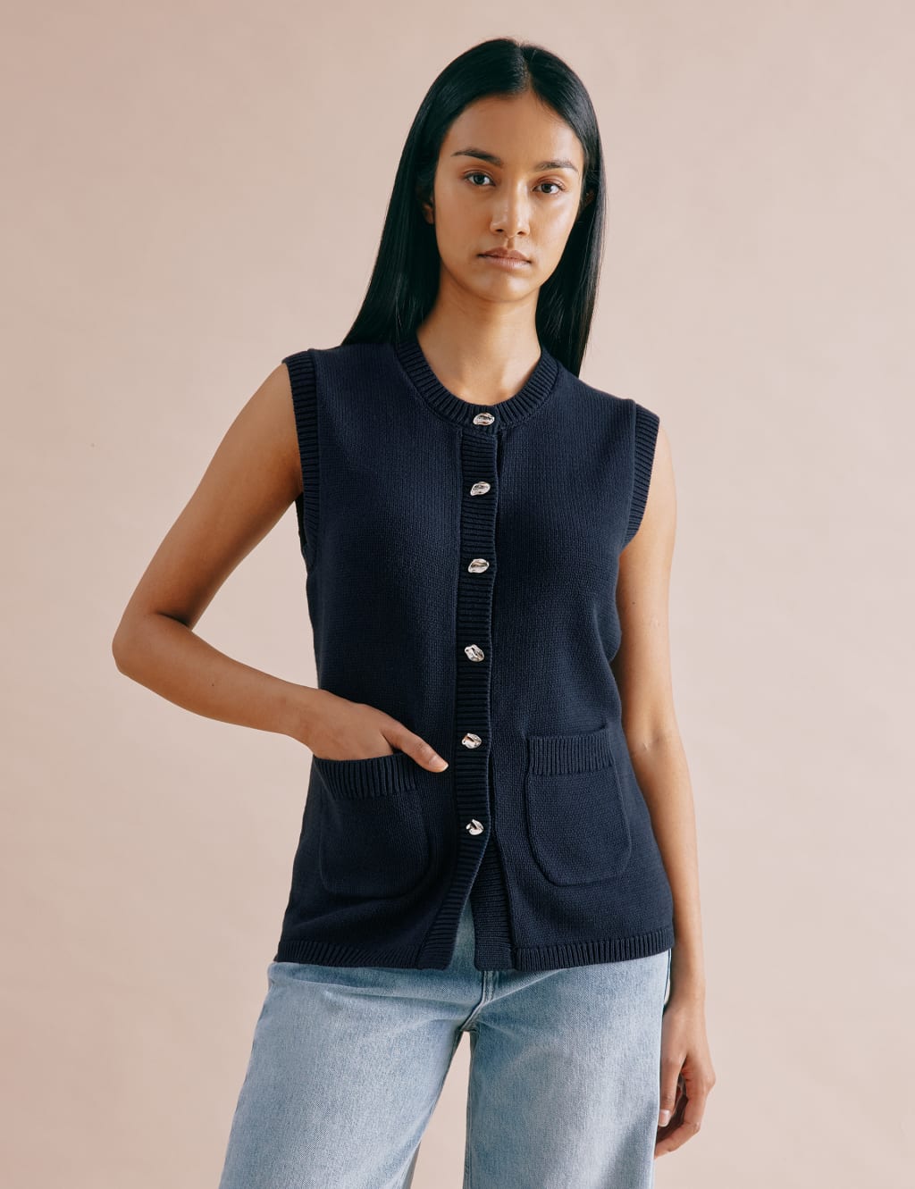 Pure Cotton Knitted Longline Waistcoat