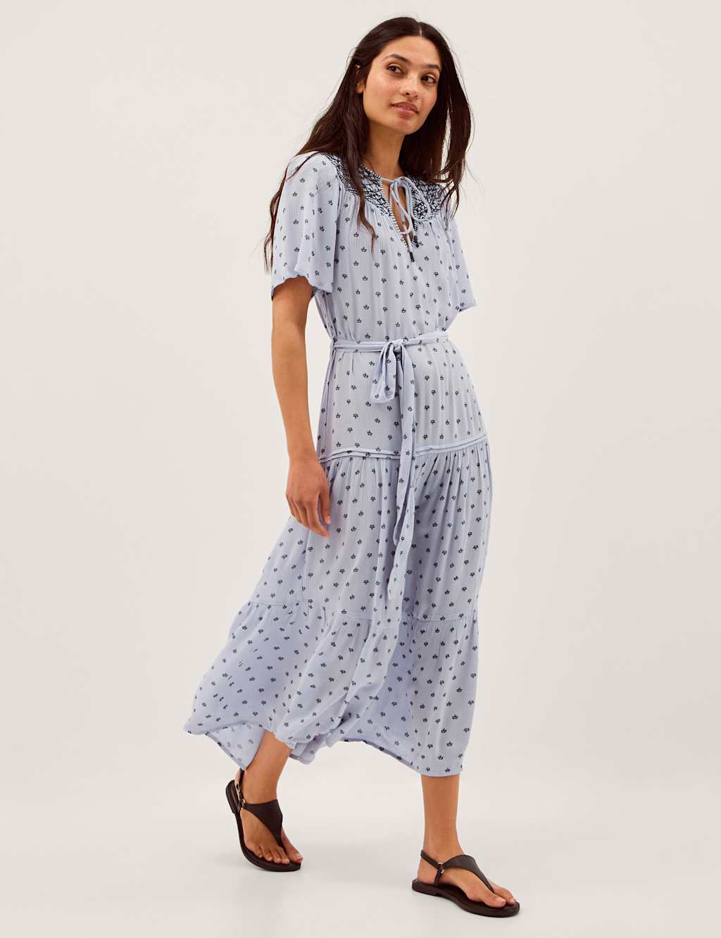 Monsoon Women's Printed Embroidered Midi Smock Dress - Small - Blue Mix - Available at M&S