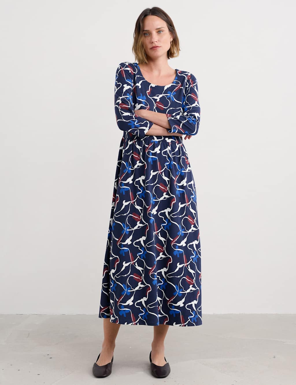 Seasalt Cornwall Cotton Modal Blend Midaxi Waisted Dress Navy Mix