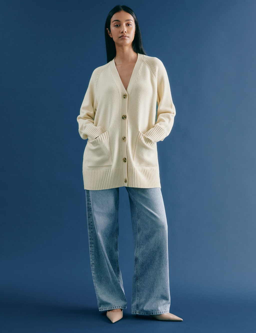 V-Neck Button Front Longline Cardigan with Wool