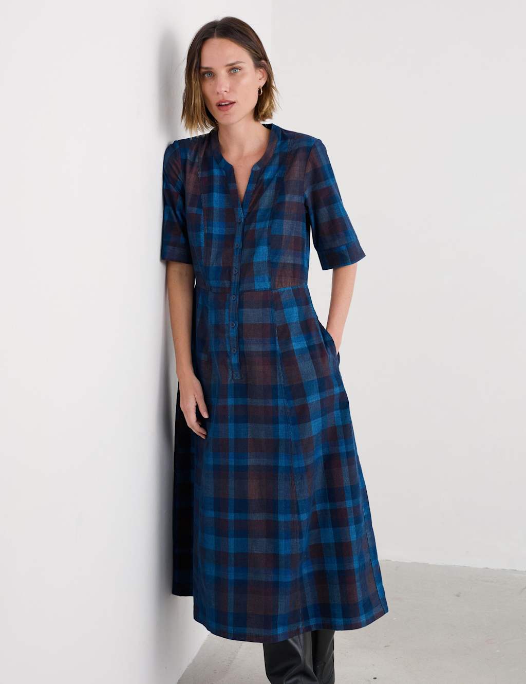 Seasalt Cornwall Pure Cotton Checked Midi Waisted Dress Blue Mix