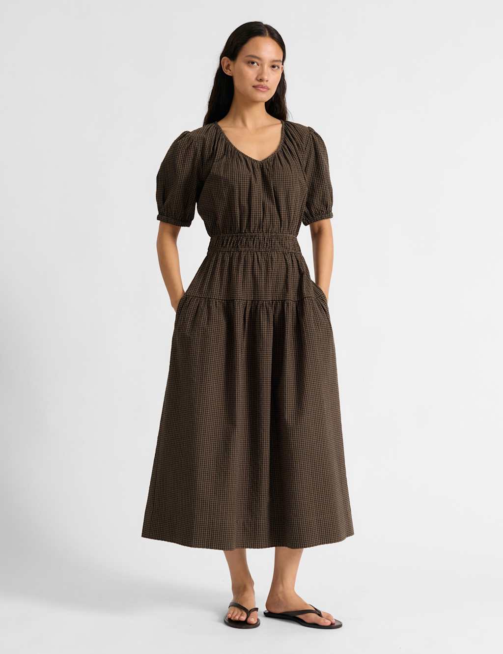 Albaray Women's Pure Cotton Checked Midi Smock Dress - 12 - Brown Mix - Available at M&S