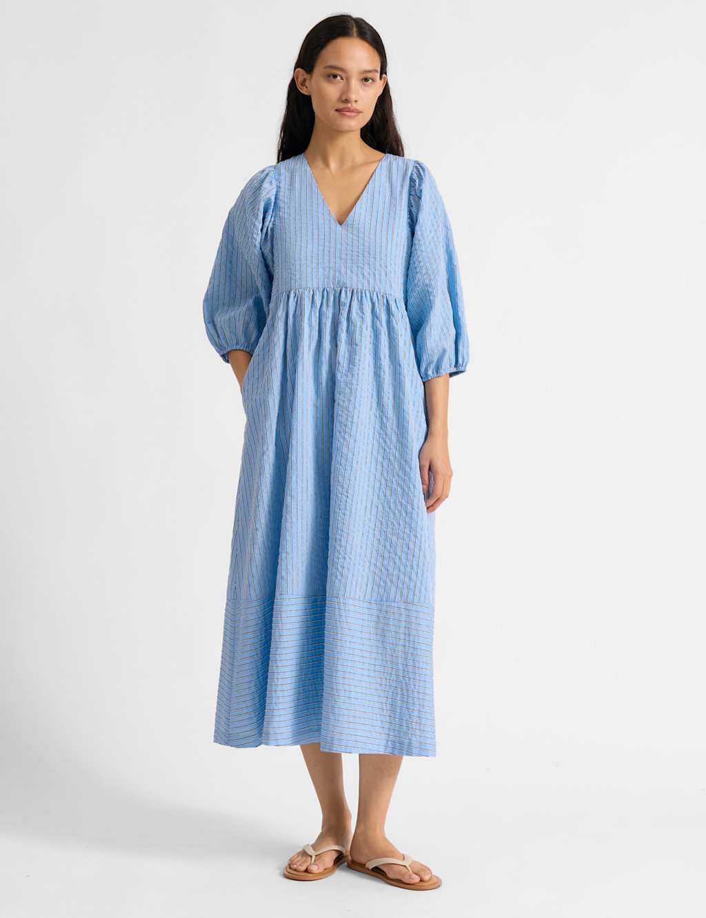 Albaray Women's Striped V-Neck Midi Smock Dress - 10 - Blue Mix - Available at M&S