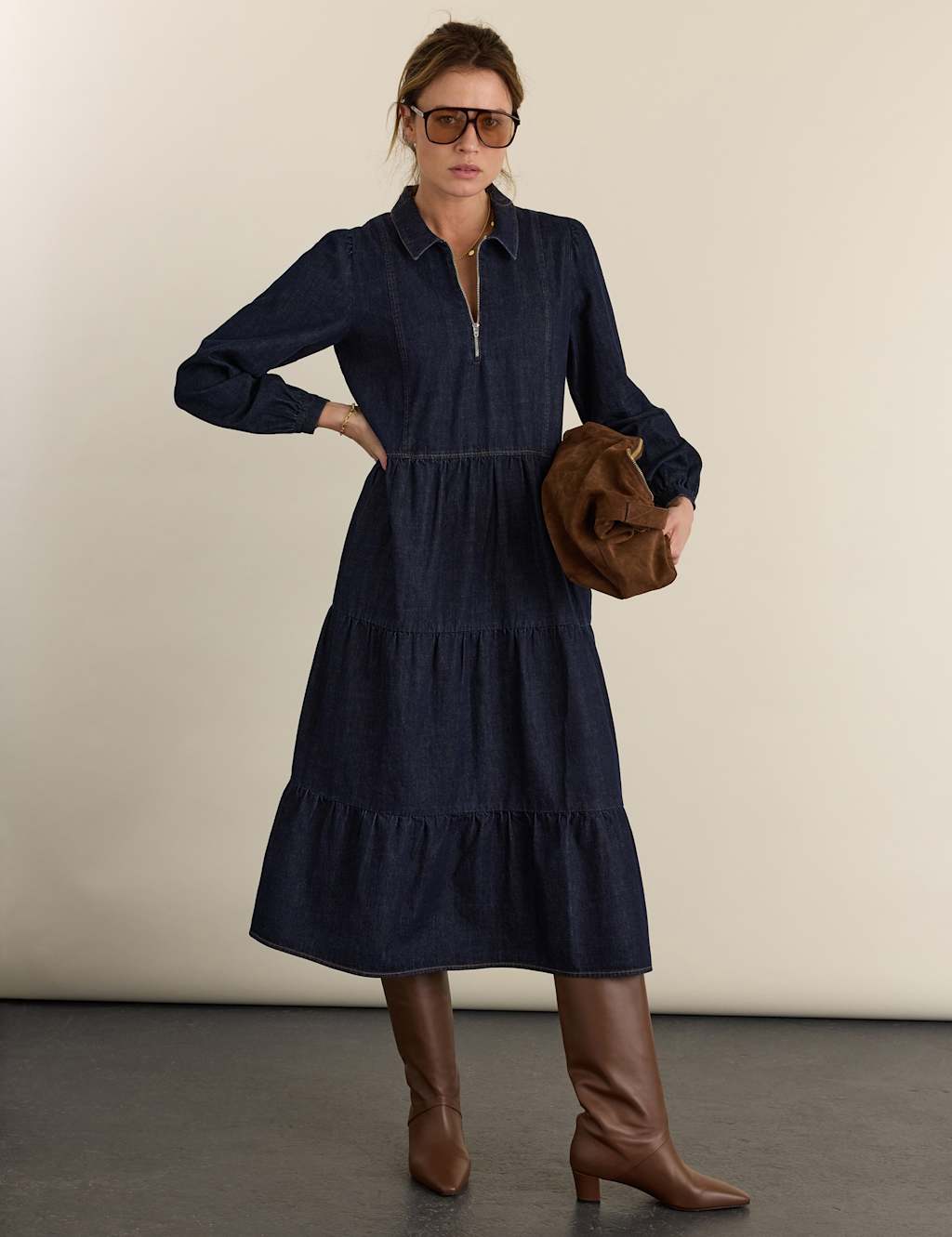 Baukjen Women's Pure Cotton Denim Collared Midi Tiered Dress - 18 - Blue - Available at M&S