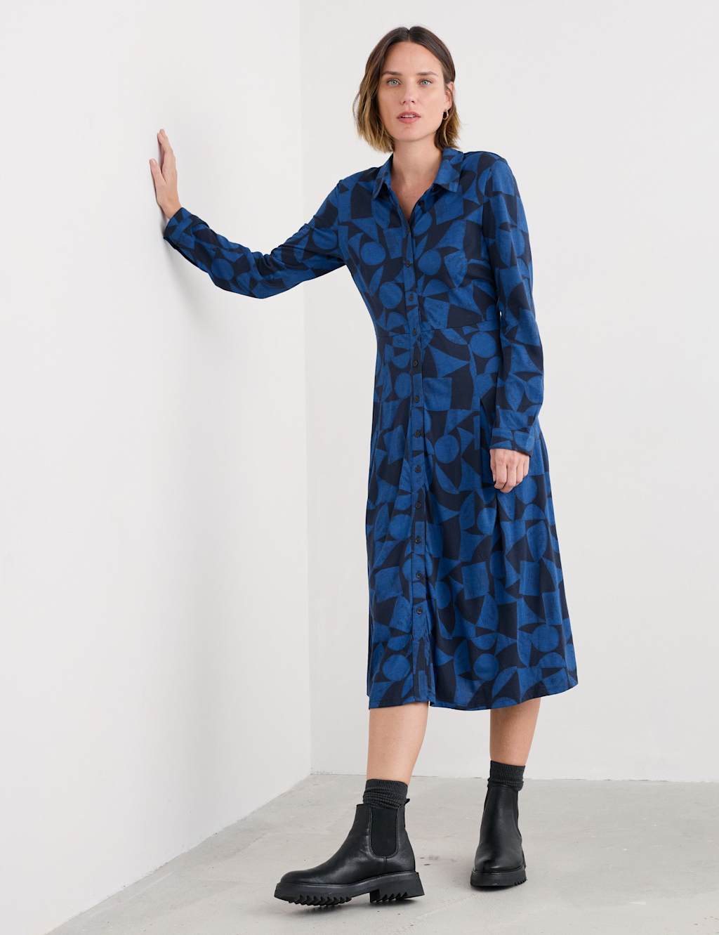 Seasalt Cornwall Cotton Rich Printed Midi Shirt Dress Navy Mix