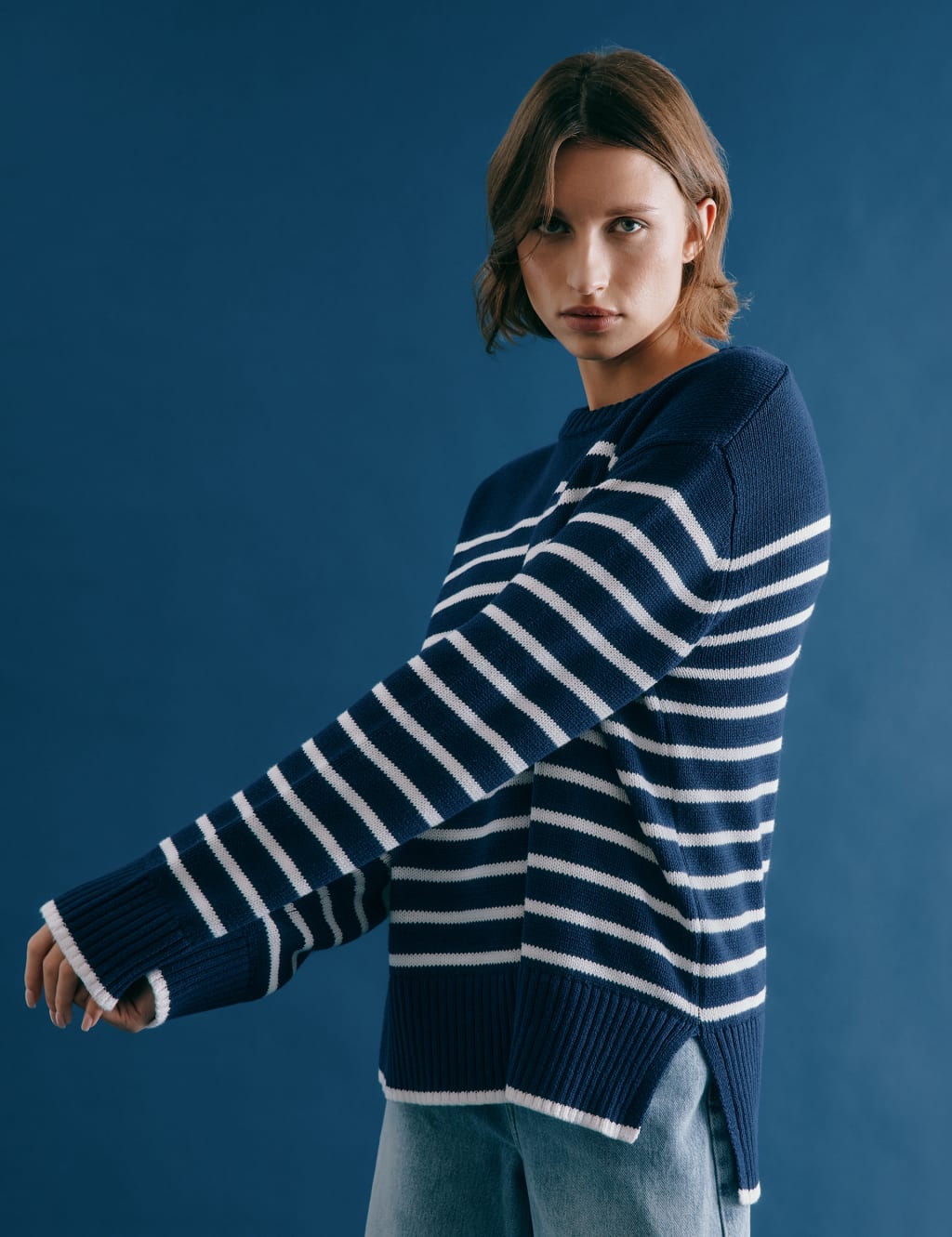 Pure Cotton Striped Stepped Hem Jumper