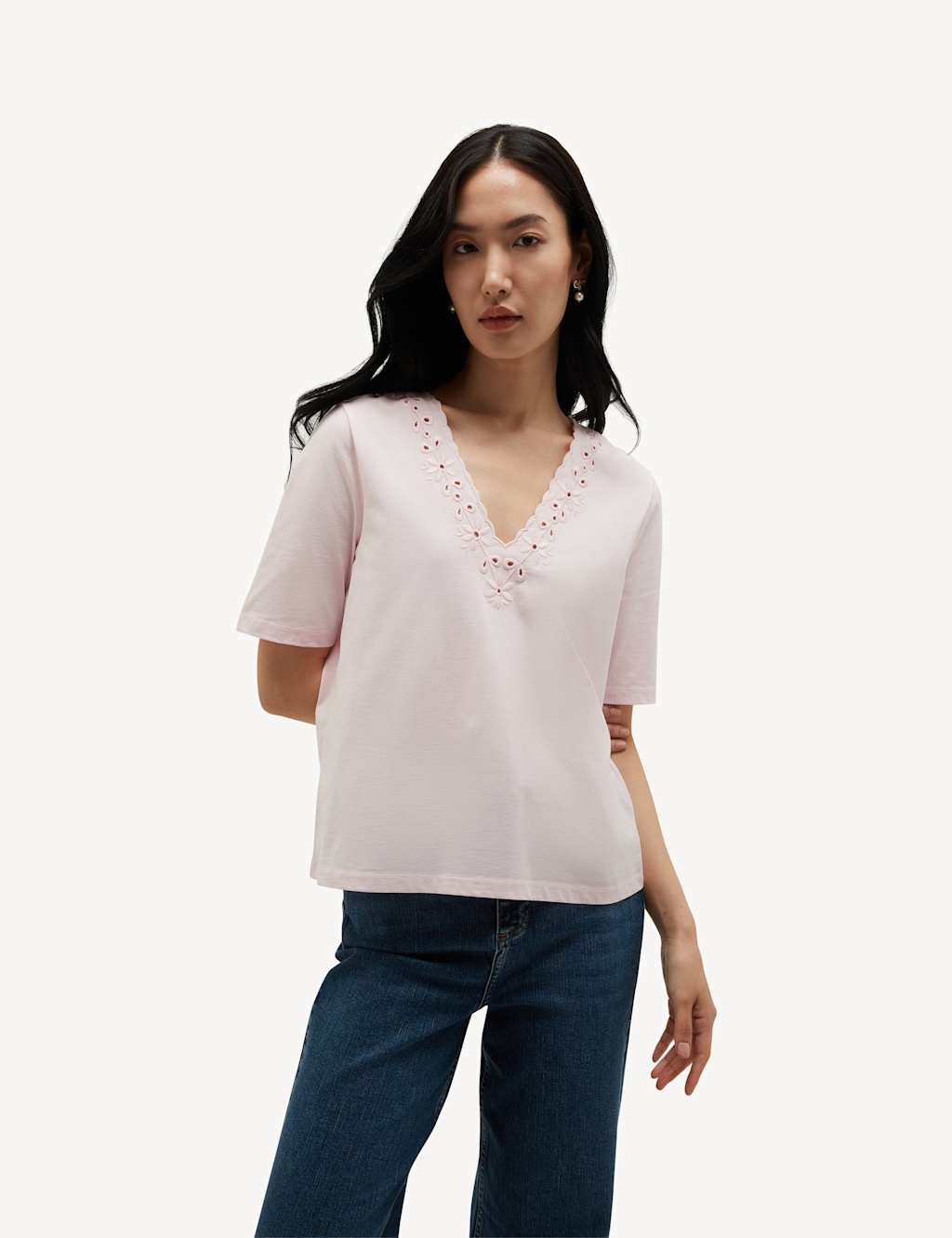 Hobbs Women's Pure Cotton Broderie V-Neck Blouse - Small - Pink - Available at M&S