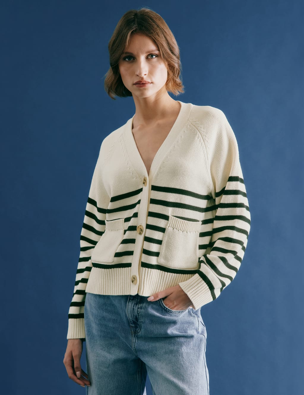 Pure Cotton Striped V-Neck Cardigan