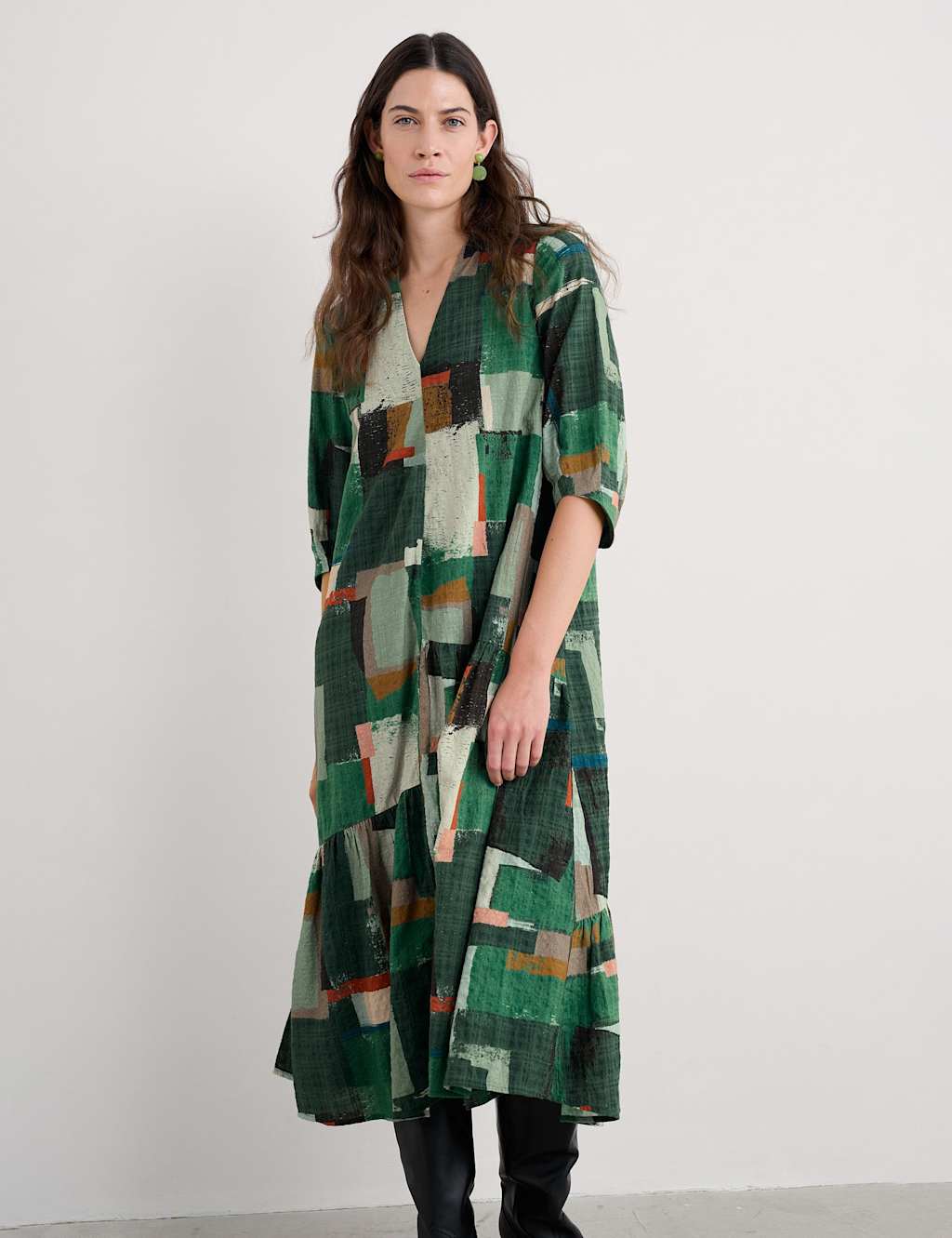 Seasalt Cornwall Cotton Rich Printed Midaxi Tiered Dress Green Mix