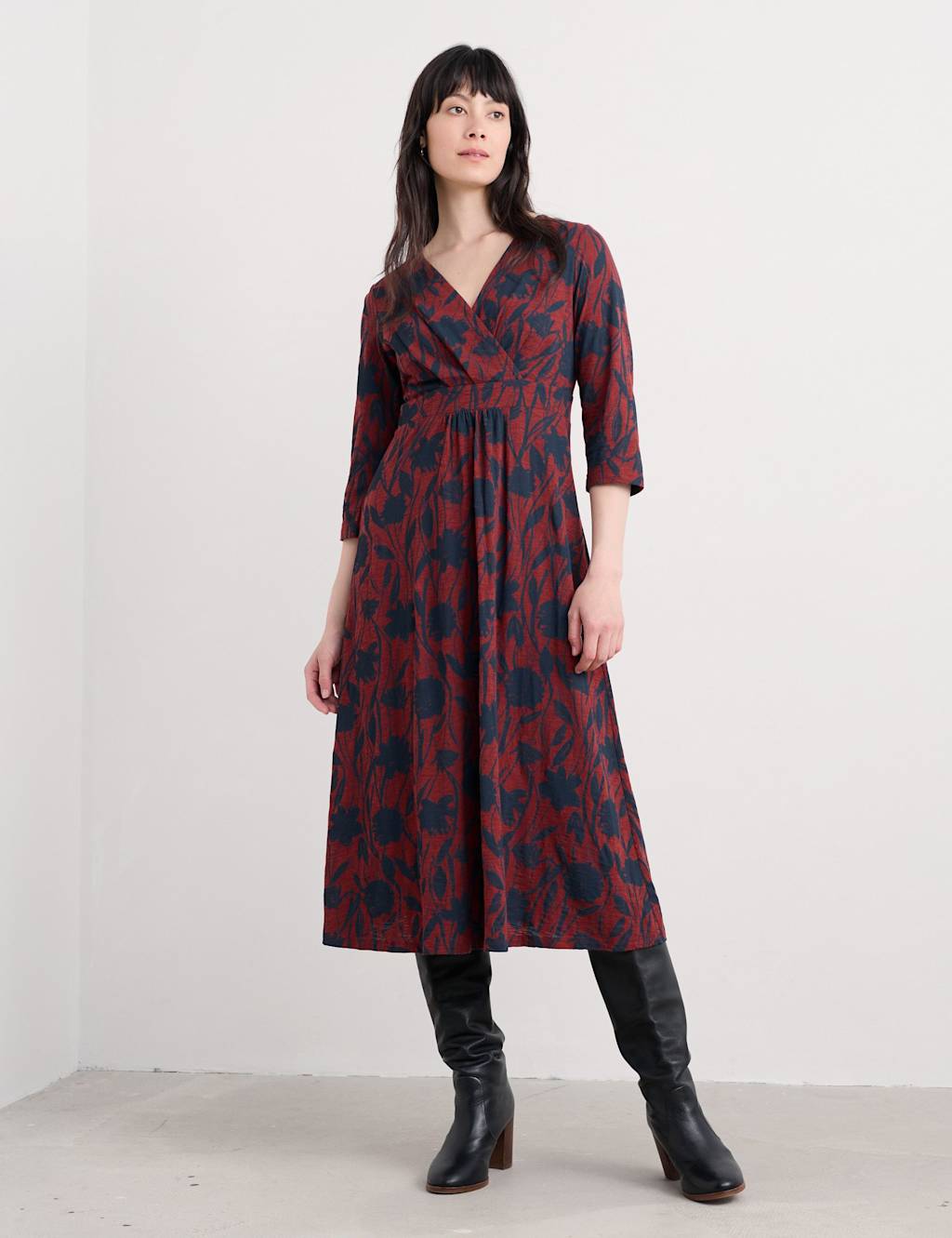 Seasalt Cornwall Jersey Floral V-Neck Midi Wrap Dress Burgundy Mix
