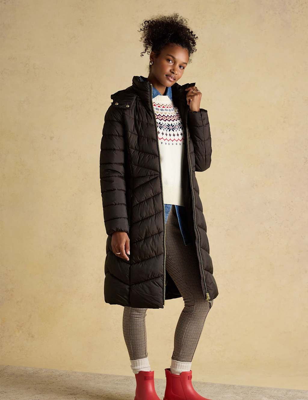 Joules Hooded Quilted Longline Puffer Coat Brown