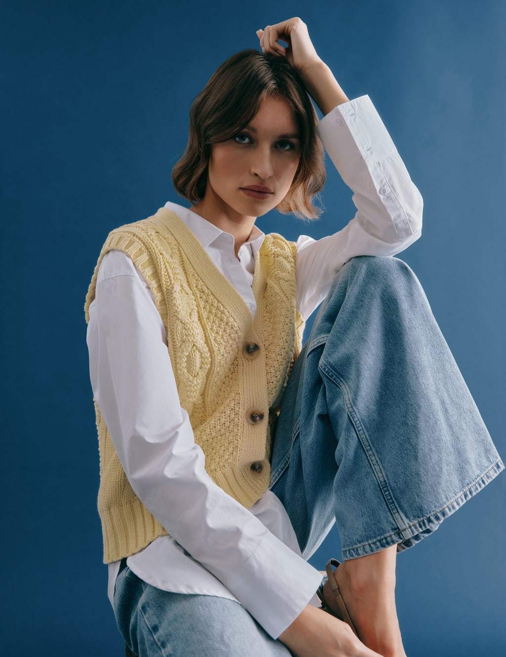 Pure Cotton Cable Knit V-Neck Button Through Knitted Vest