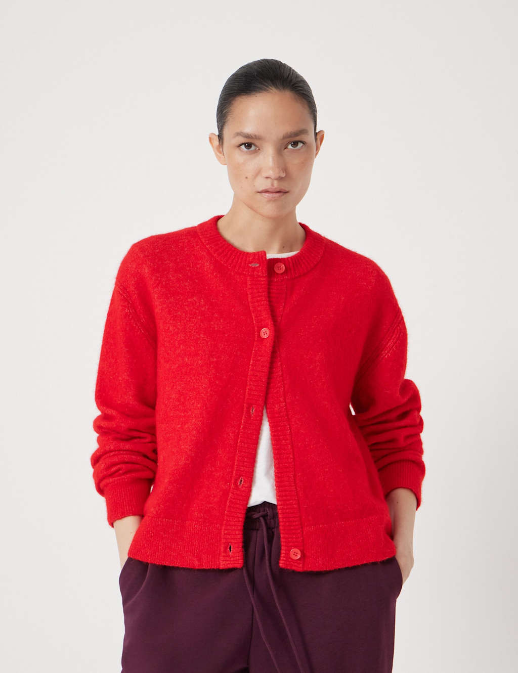 HUSH Wool Blend Crew Neck Cardigan Red