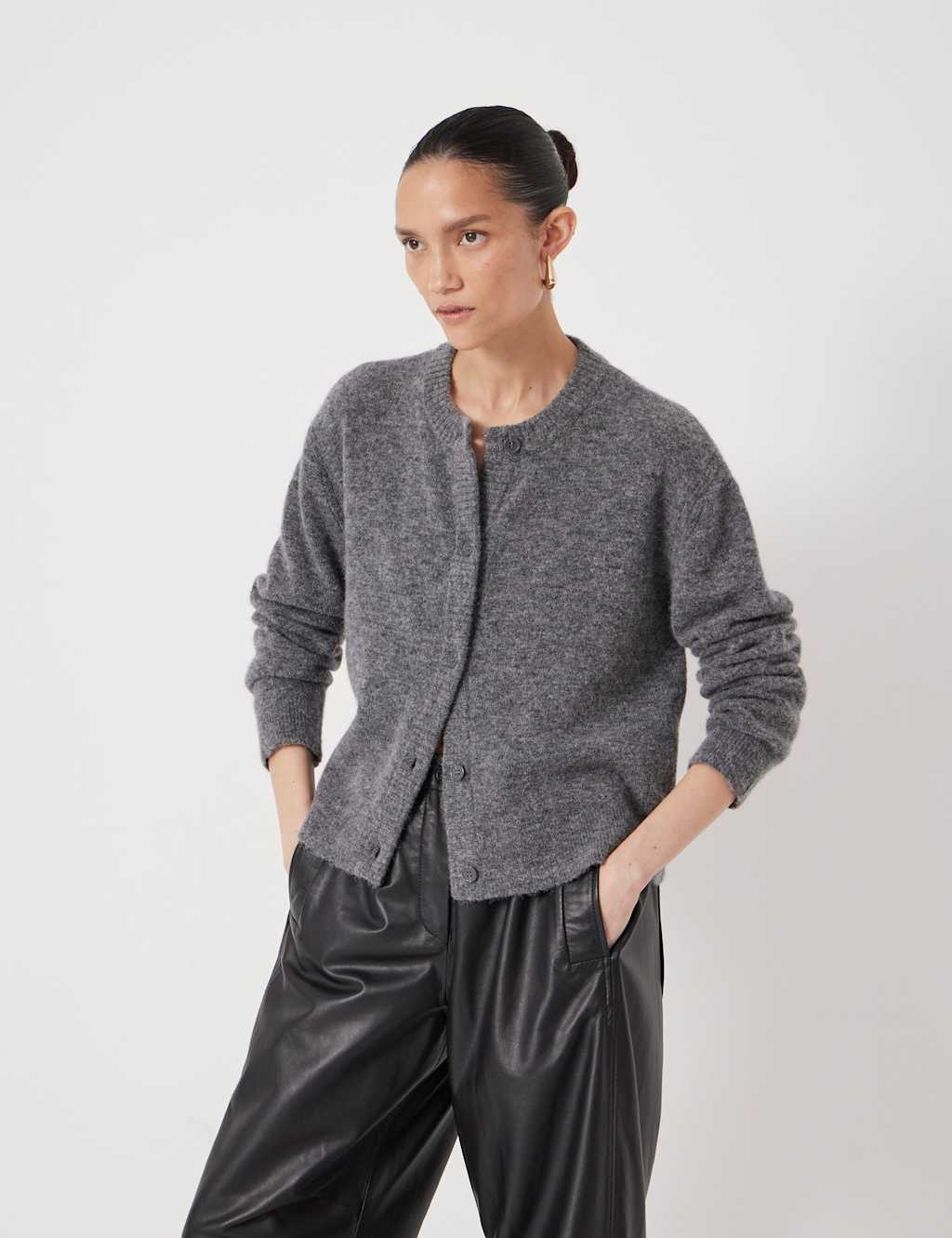 HUSH Wool Blend Crew Neck Cardigan Grey Marl