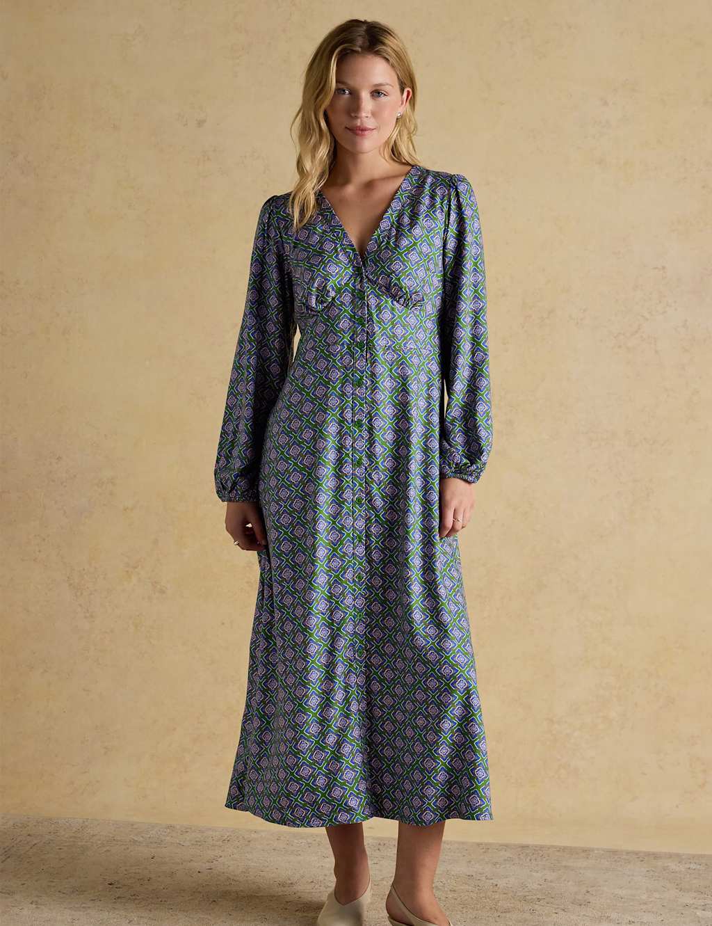 Joules Printed V-Neck Midaxi Tea Dress Blue Mix