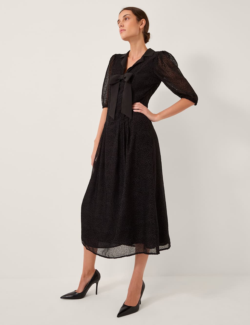 Monsoon Polka Dot Collared Midi Tea Dress Black
