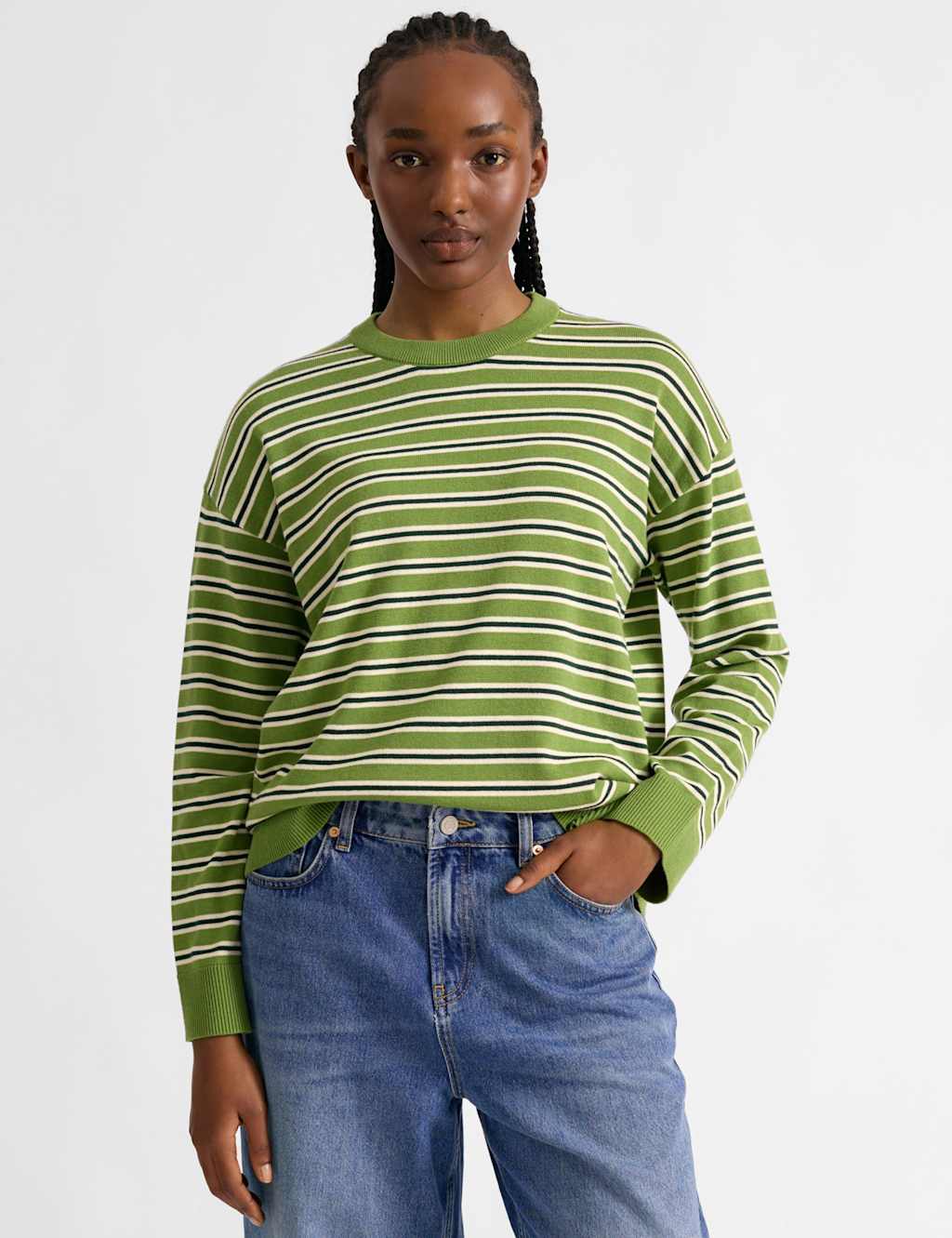 Albaray Women's Pure Cotton Striped Jumper - 10 - Green Mix - Available at M&S