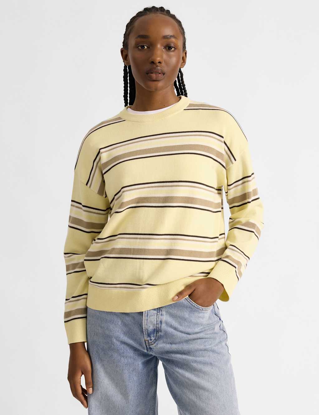 Albaray Women's Pure Cotton Striped Jumper - 8 - Yellow Mix - Available at M&S