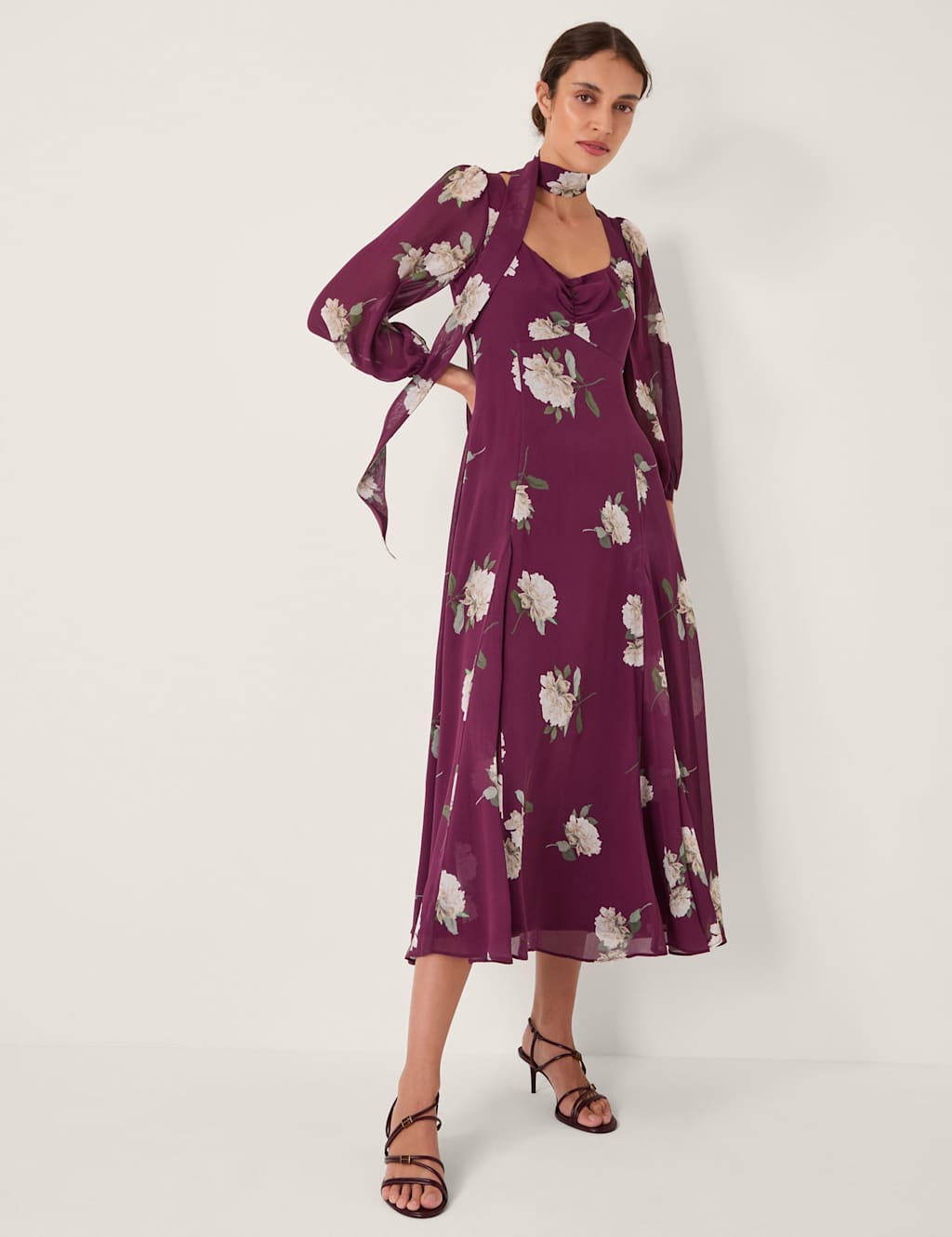 Monsoon Floral Sweetheart Neckline Midi Tea Dress Burgundy Mix