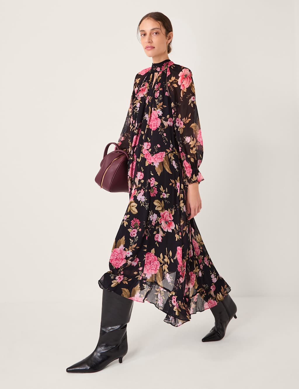 Monsoon Floral High Neck Midi Trapeze Dress Black Mix