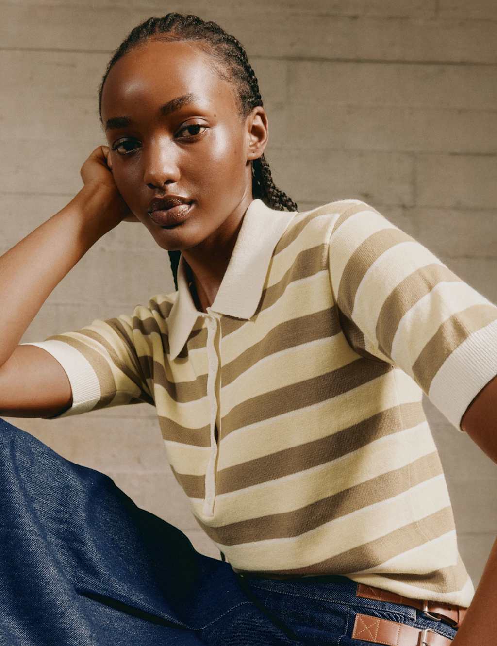 Albaray Women's Pure Cotton Striped Knitted Polo Shirt - 10 - Yellow Mix - Available at M&S