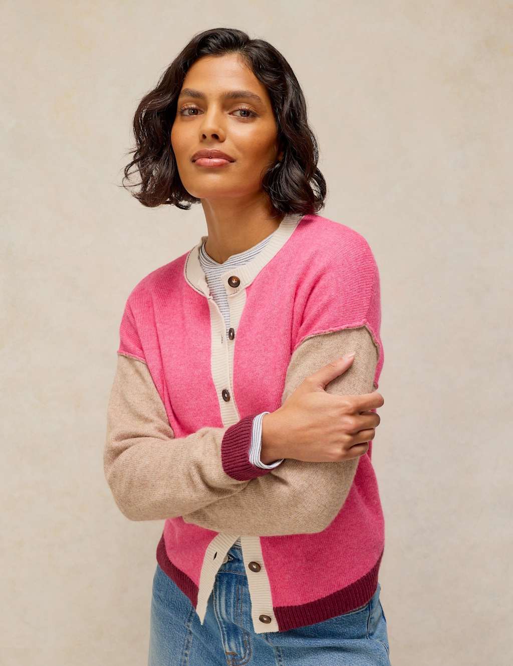 White Stuff Women's Wool Blend Colour Block Cardigan with Cotton - 16 - Pink Mix - Available at M&S