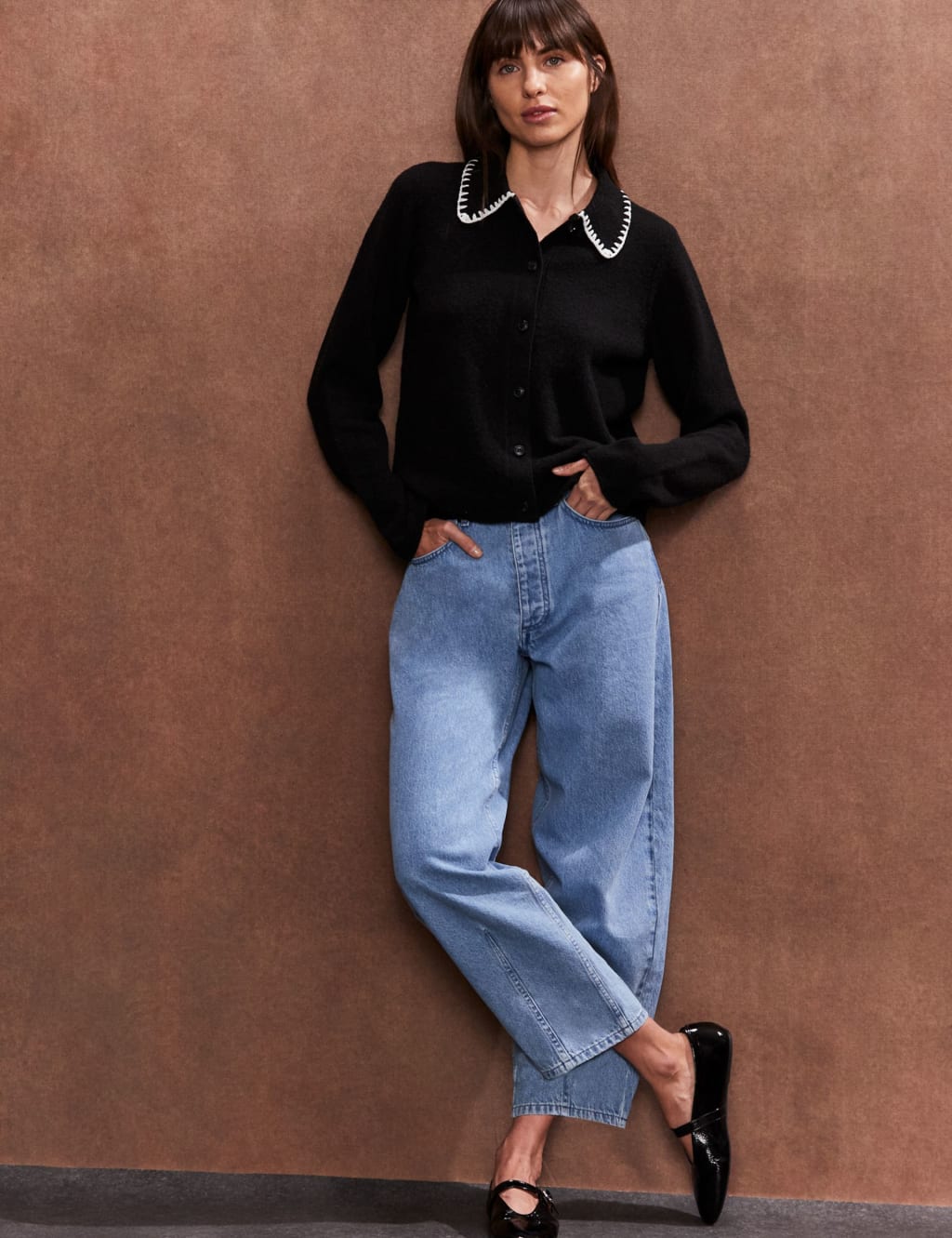 Contrast Stitch Collared Cardigan with Wool