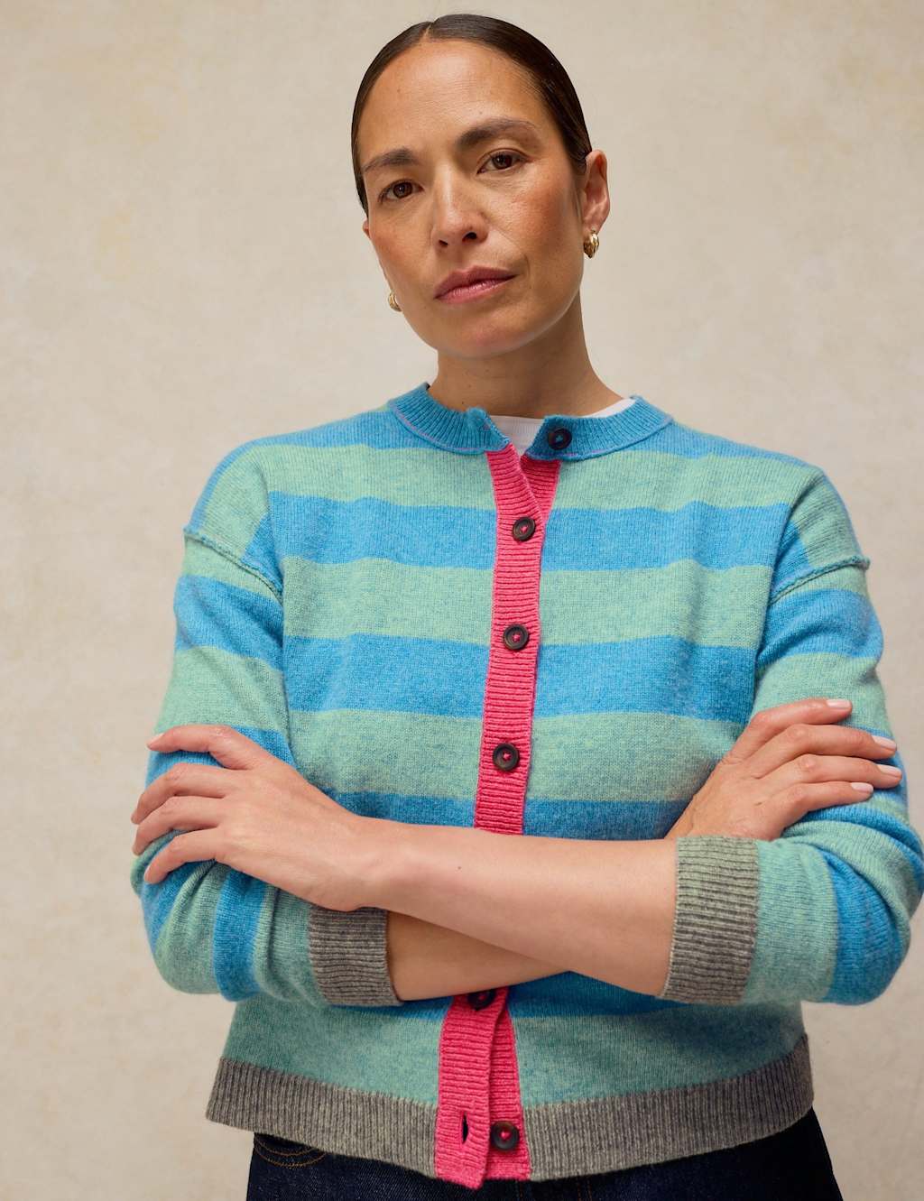 White Stuff Women's Wool Blend Striped Crew Neck Cardigan - 12 - Blue Mix - Available at M&S
