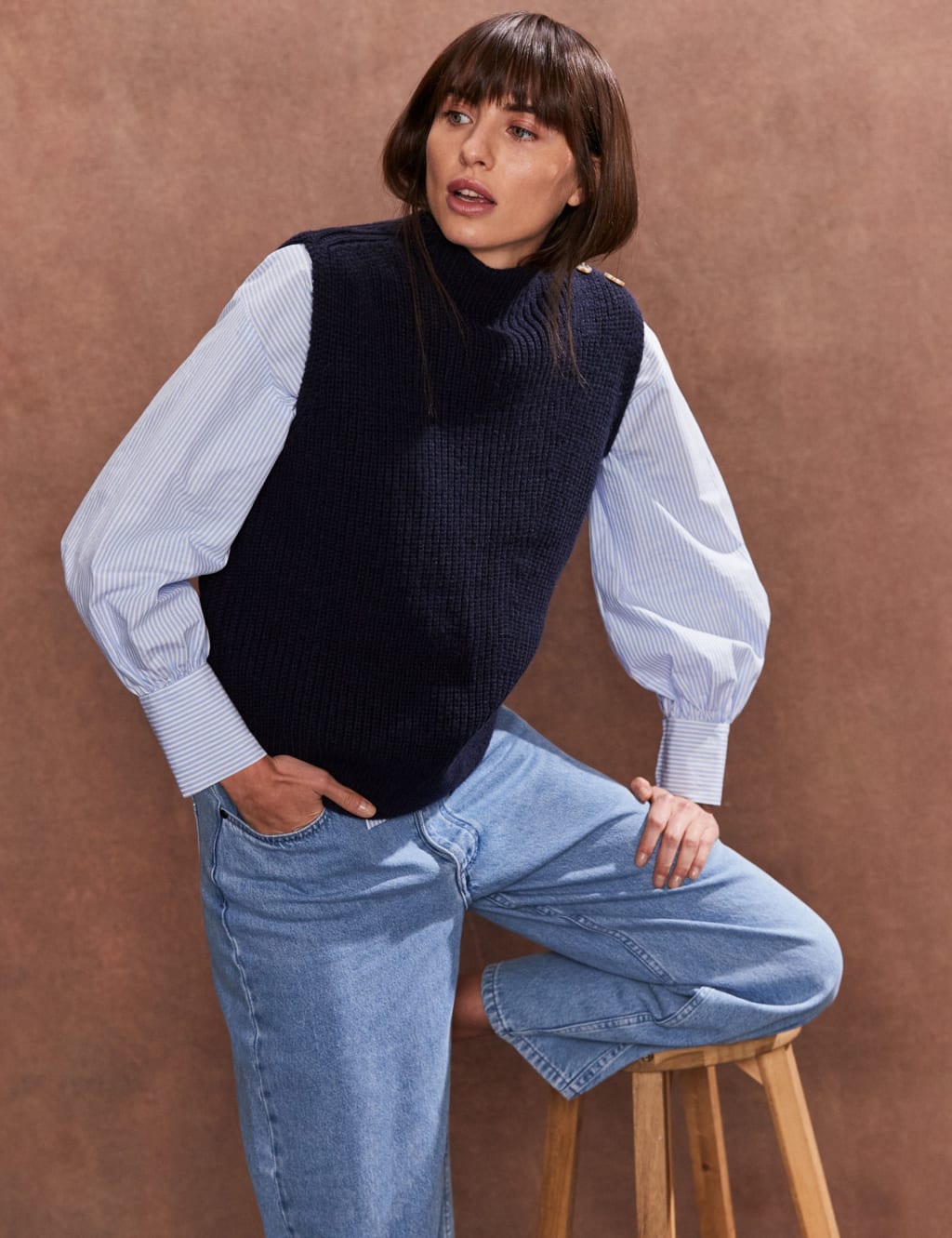 Cotton Rich Funnel Neck Knitted Vest with Wool
