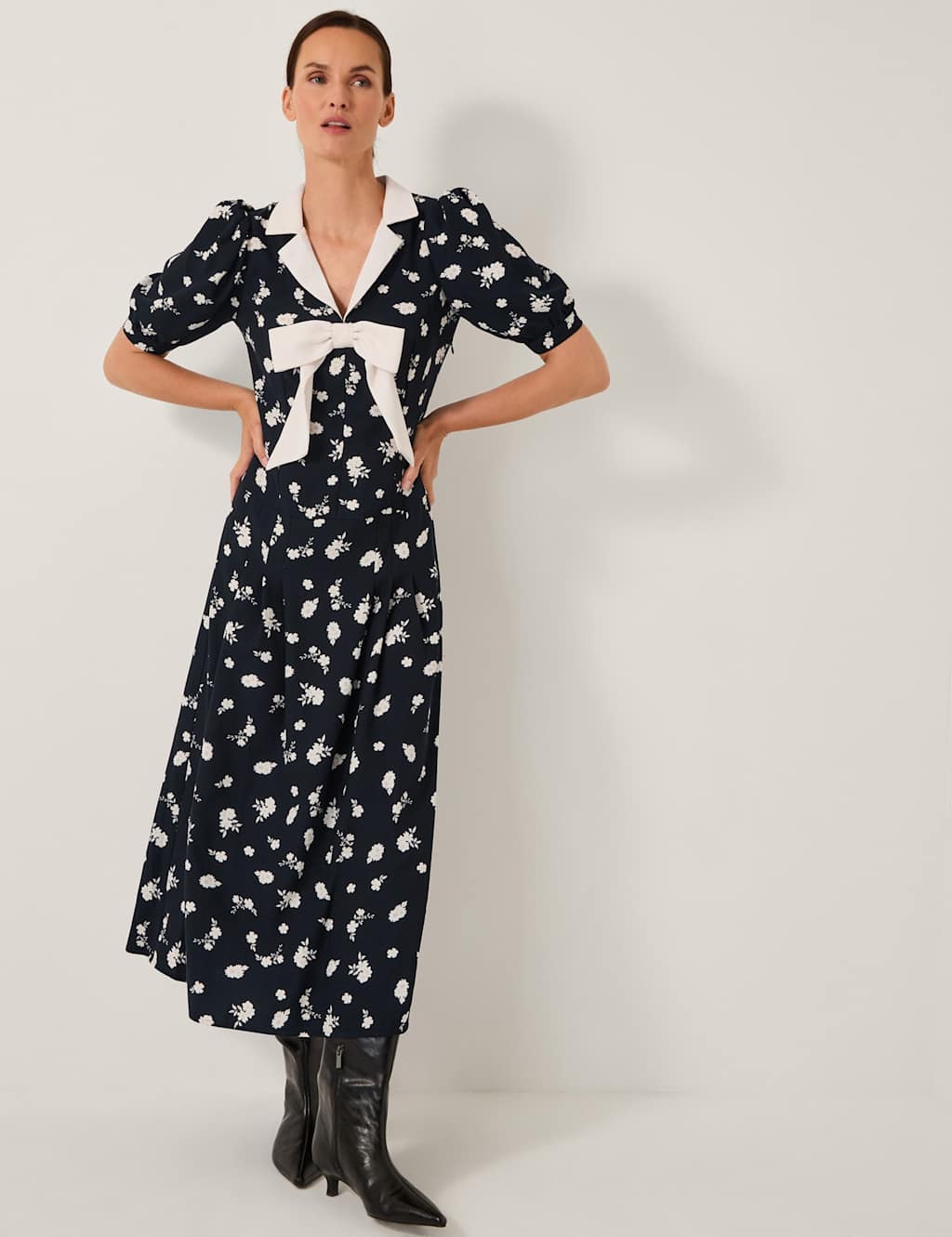 Monsoon Floral Collared Bow Midi Tea Dress Black Mix