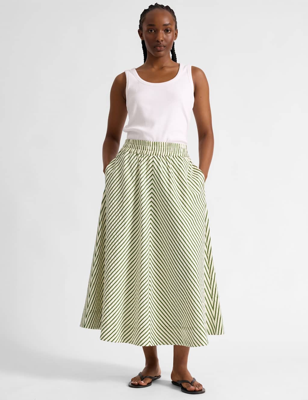 Albaray Women's Cotton Blend Striped Midi A-Line Skirt - 10 - Green Mix - Available at M&S