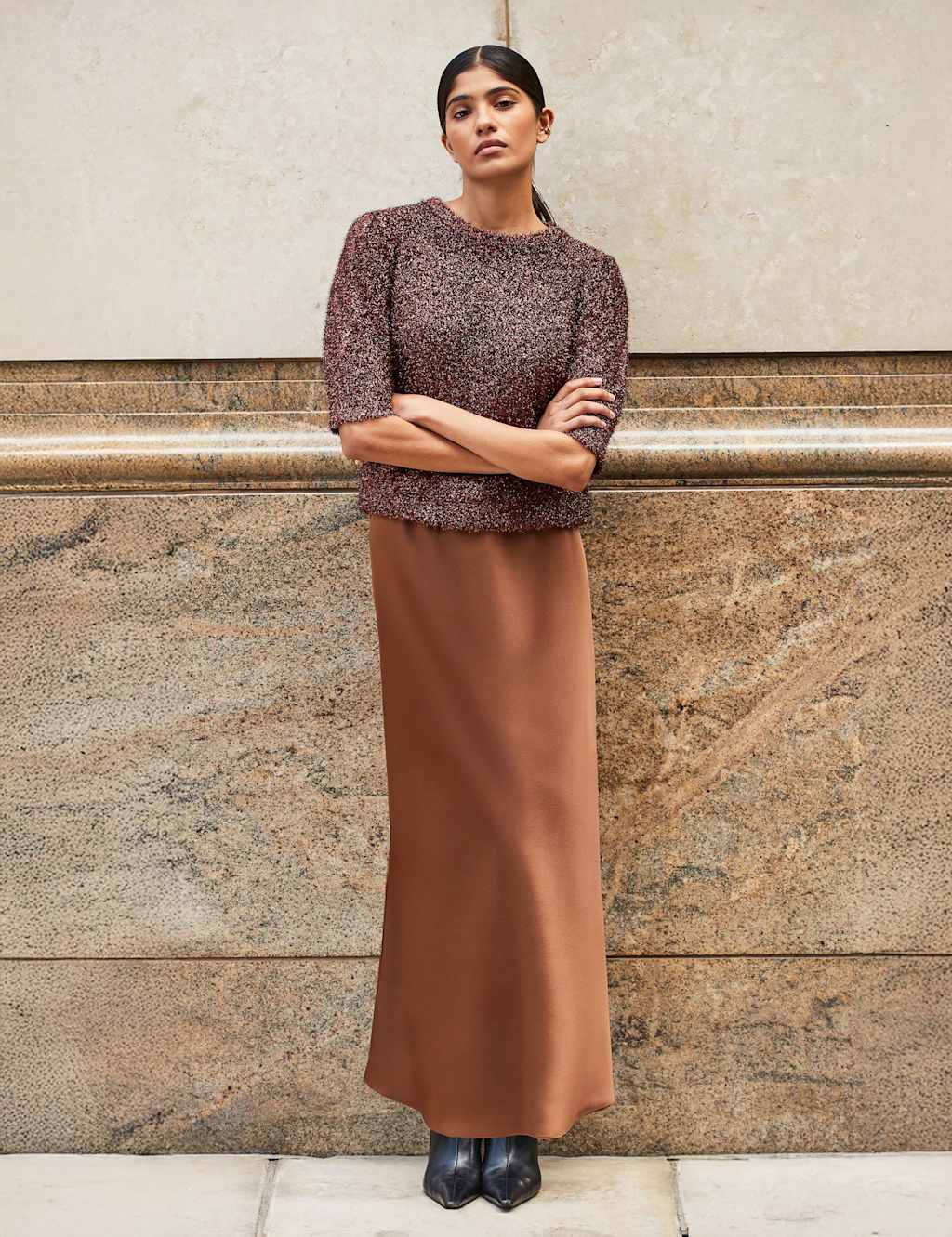RO&ZO Satin Midi Slip Skirt Brown