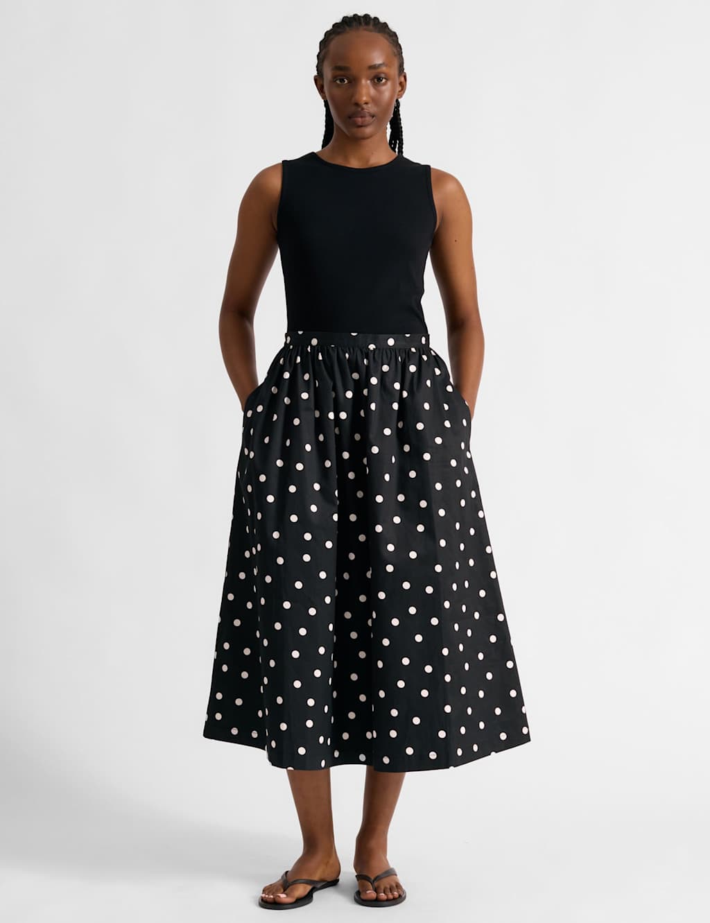 Albaray Women's Pure Cotton Polka Dot Midi A-Line Skirt - 10 - Black - Available at M&S