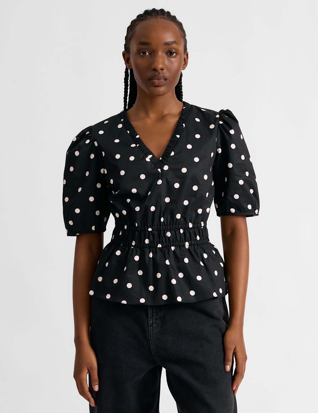 Albaray Women's Pure Cotton Polka Dot V-Neck Top - 10 - Black Mix - Available at M&S