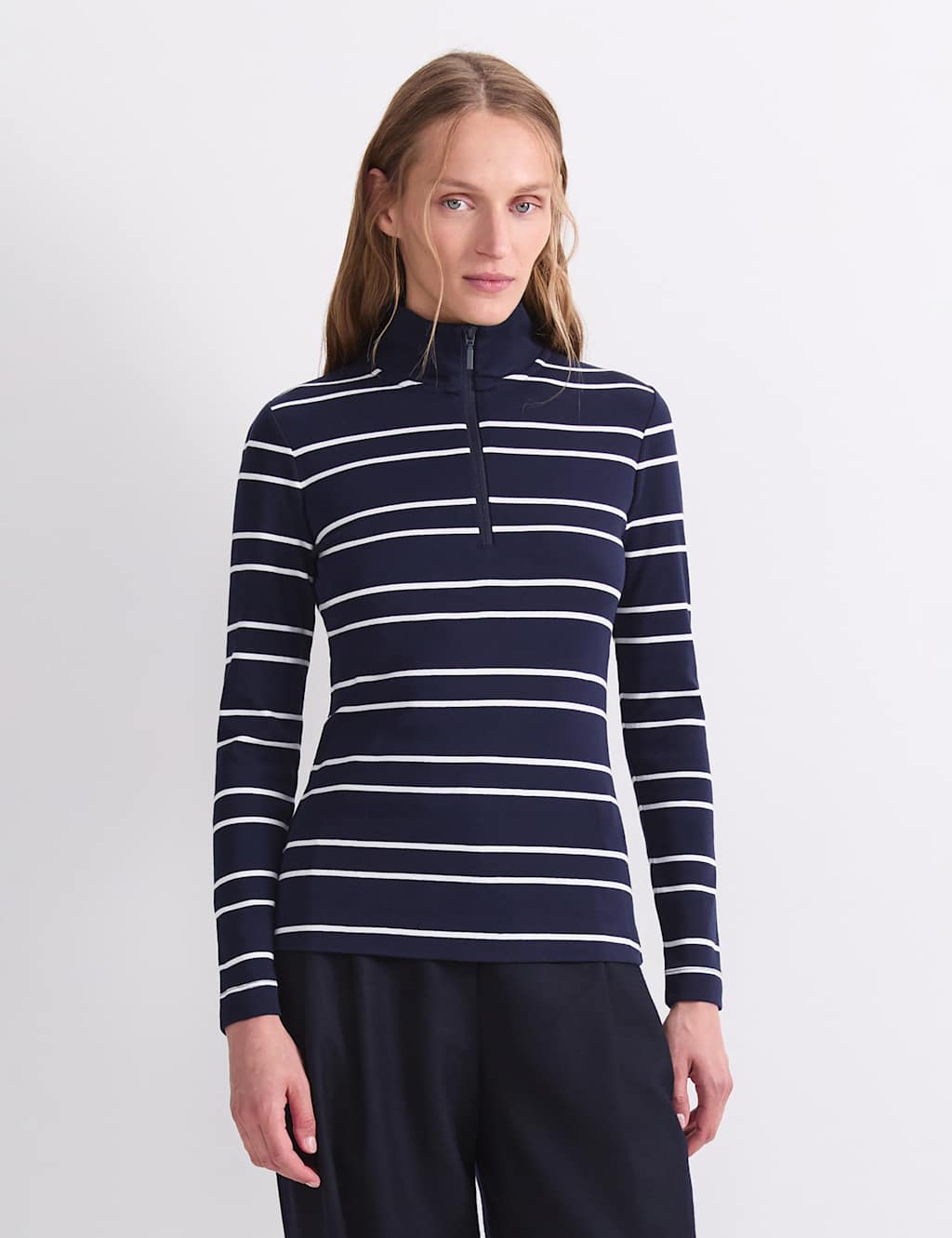 Sportscraft Women's Pure Cotton Striped Funnel Neck Half Zip Top - Small - Navy Mix - Available at M&S