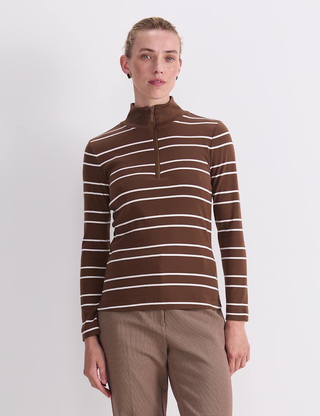 Sportscraft Women's Pure Cotton Striped Funnel Neck Half Zip Top - Small - Brown Mix - Available at M&S