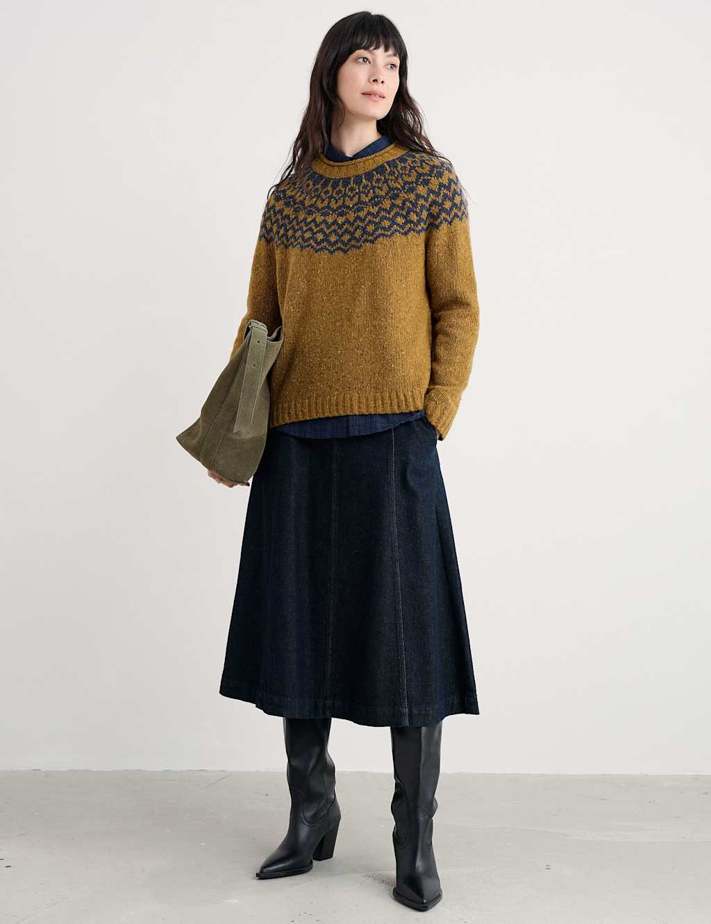 Seasalt Cornwall Merino Wool Rich Fair Isle Crew Neck Jumper Yellow Mix