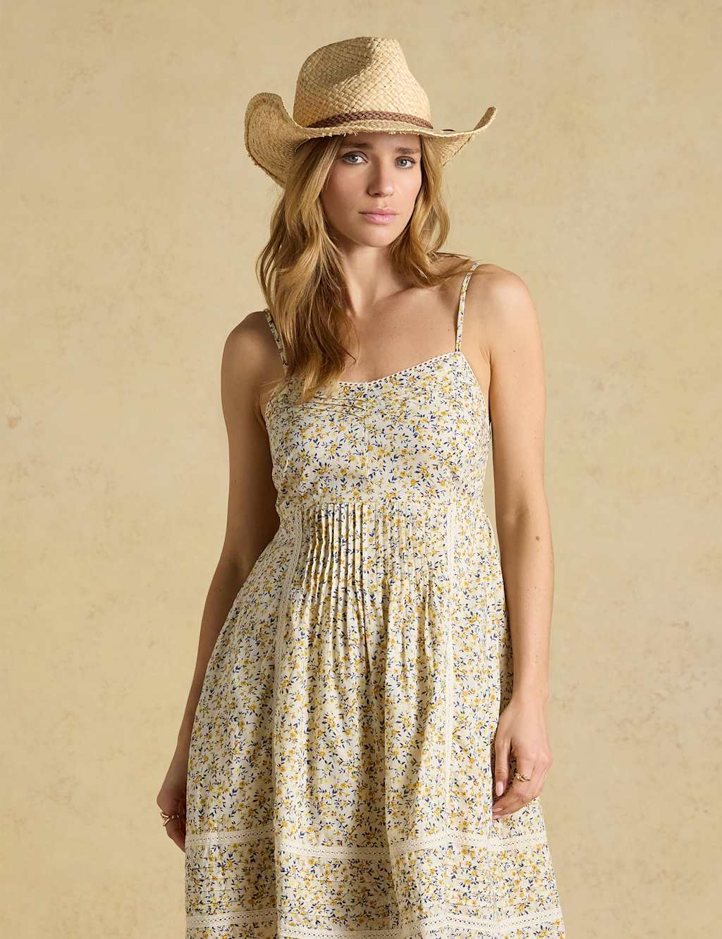 Joules Women's Pure Cotton Ditsy Floral Strappy Skater Dress - 16 - Yellow Mix - Available at M&S