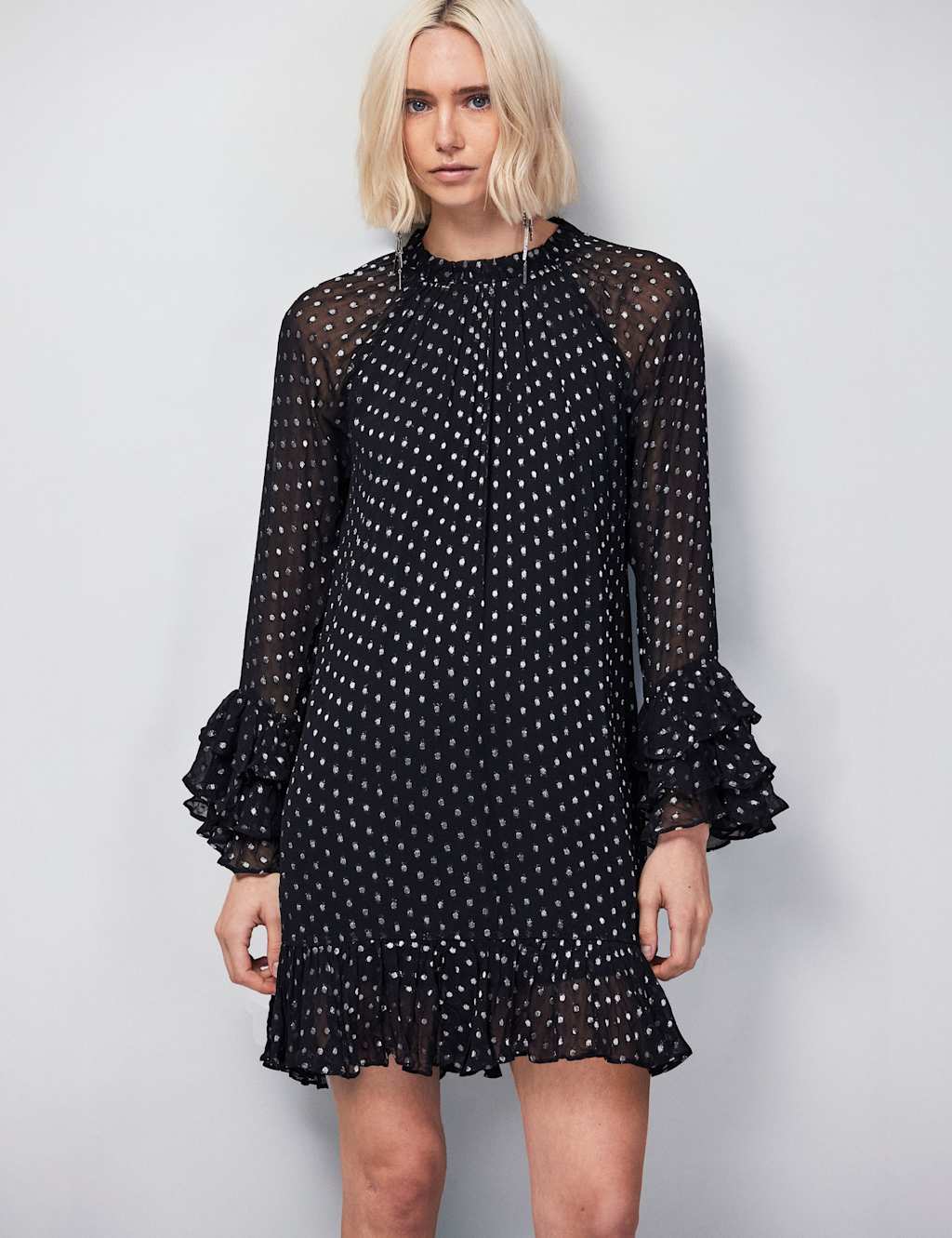 RO&ZO High Neck Frill Sleeve Mini Smock Dress Silver Mix