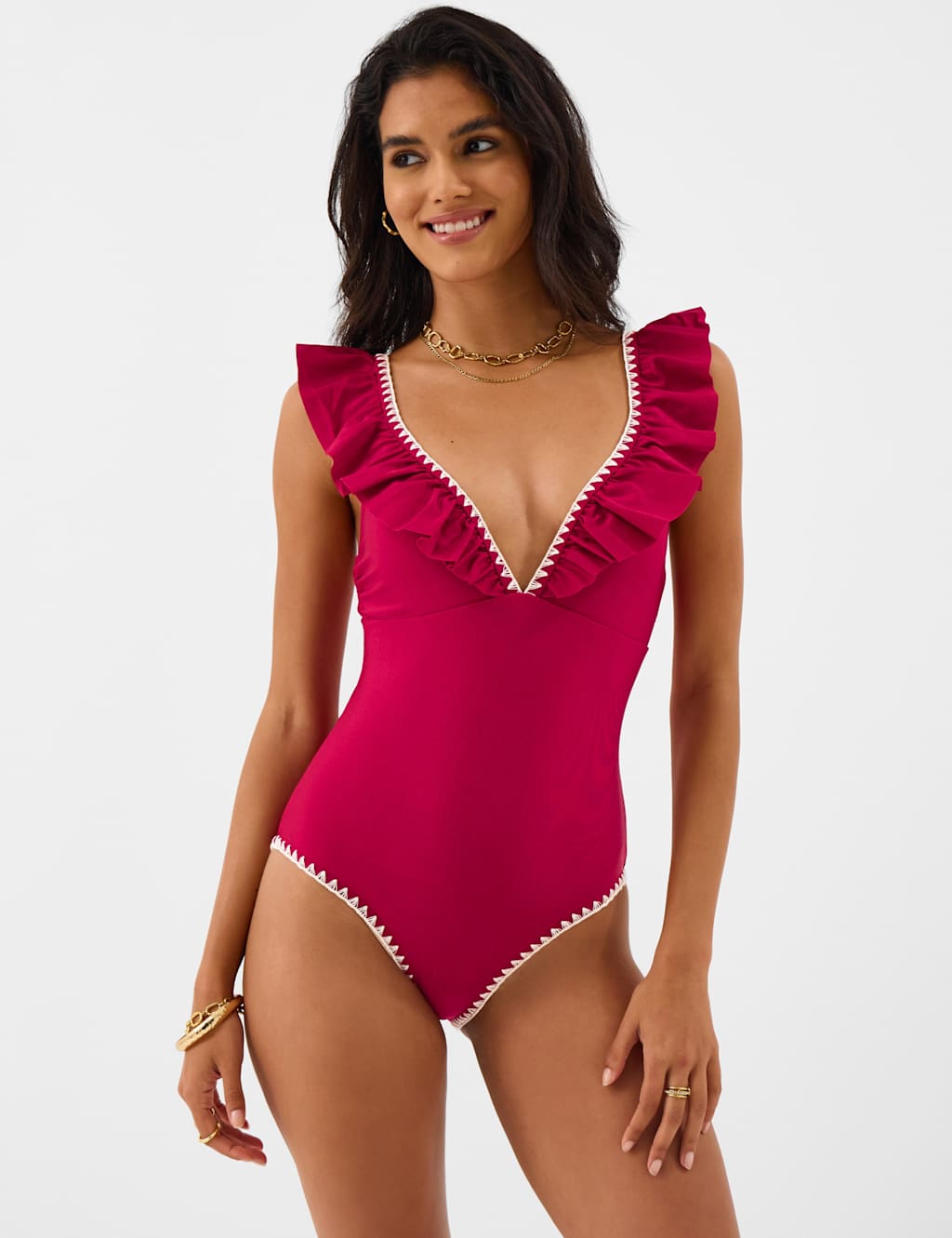 Accessorize Women's Padded Frill V-Neck Swimsuit - 18 - Red - Available at M&S
