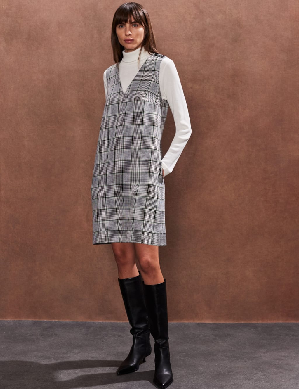 Checked V-Neck Mini Shift Dress