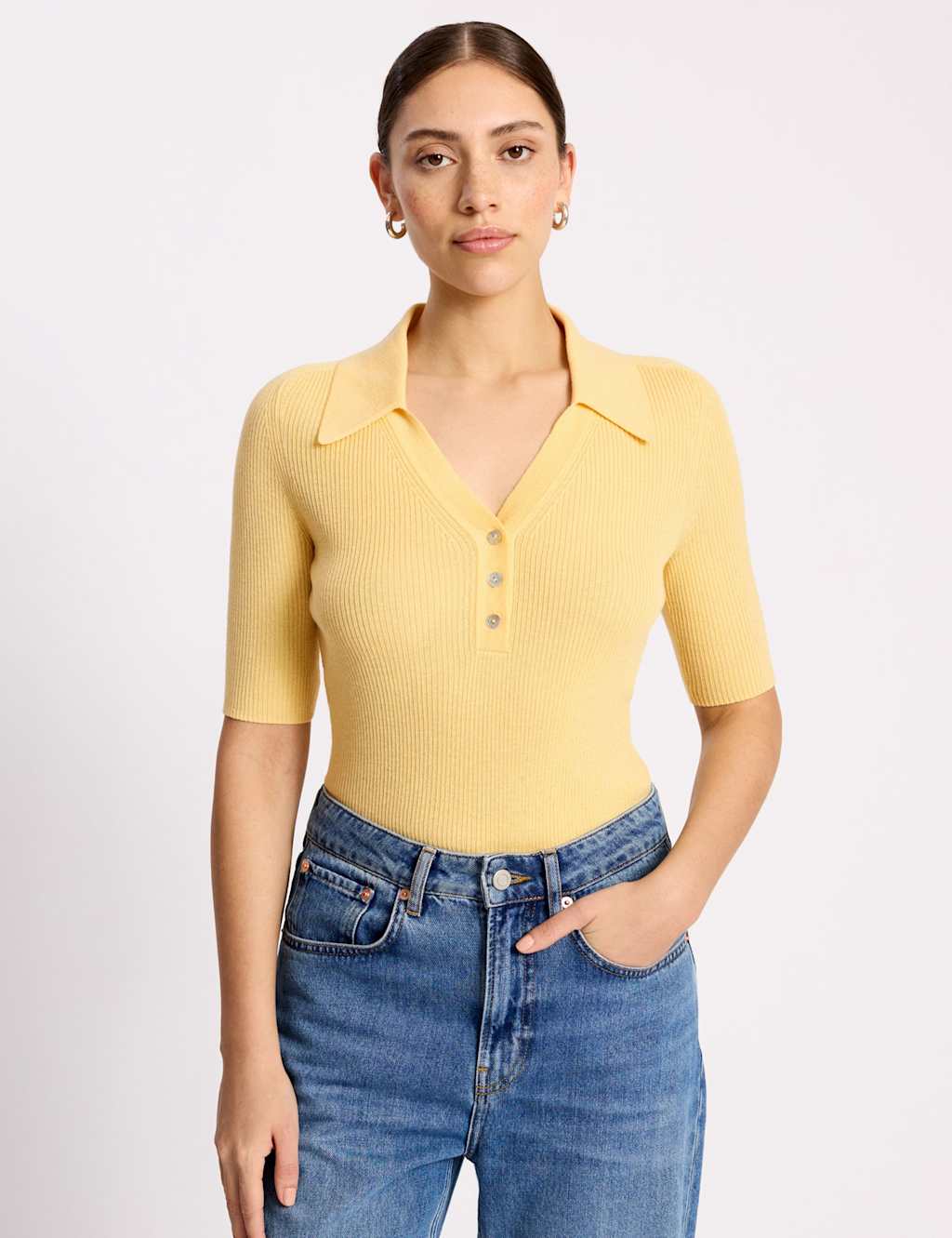 Albaray Women's Ribbed Collared Button Detail Knitted Top - 8 - Yellow Mix - Available at M&S