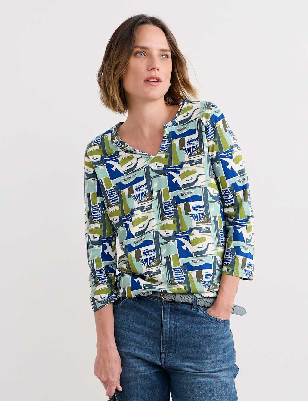 Seasalt Cornwall Women's Printed Notch Neck Top - 12 - Green Mix, Green Mix