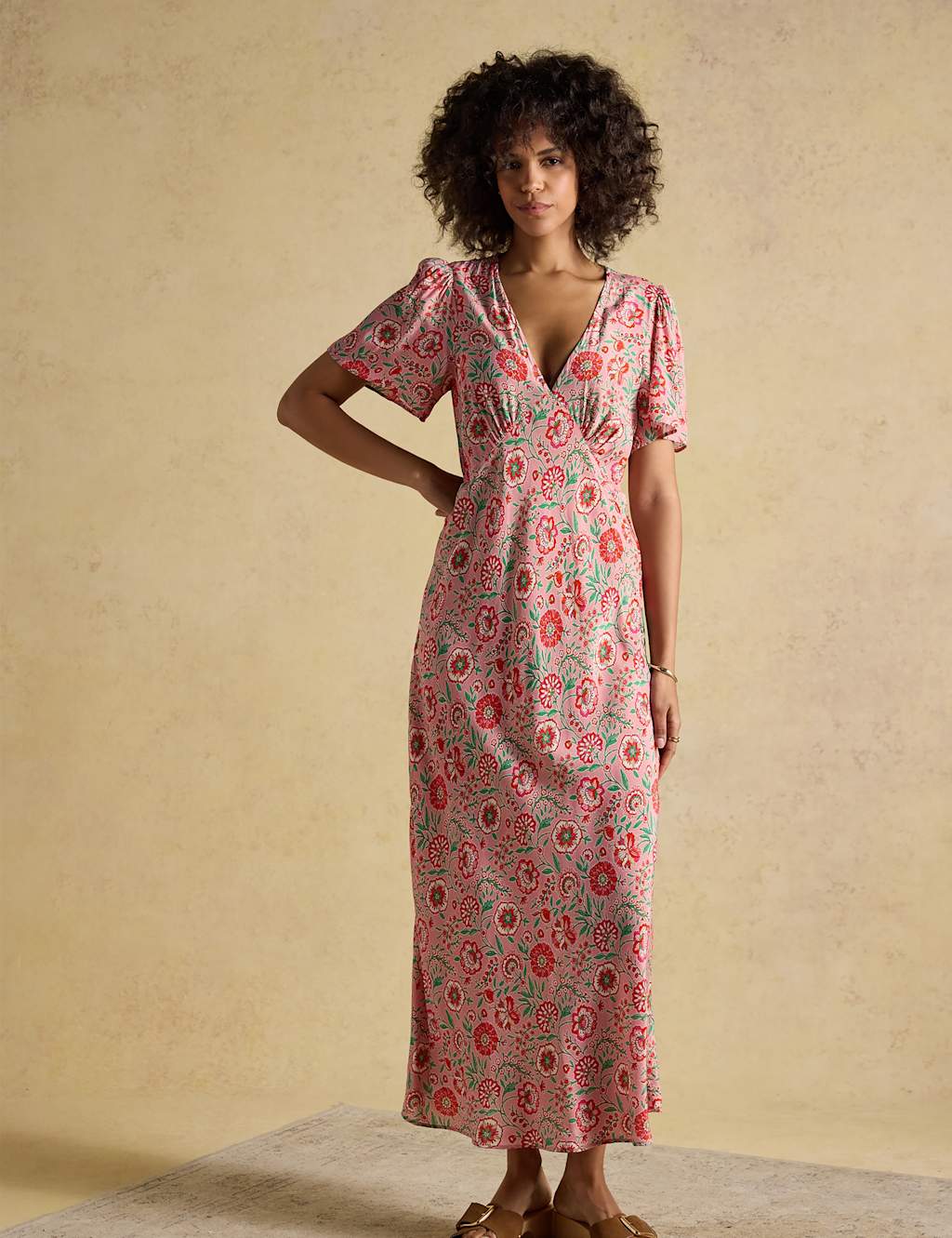 Joules Women's Floral V-Neck Midaxi Tea Dress - 8 - Pink Mix - Available at M&S